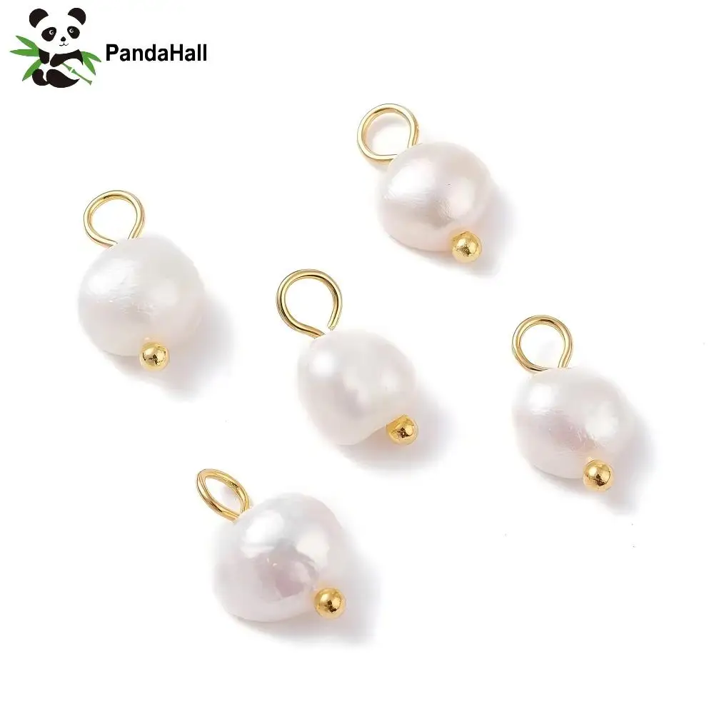 PandaHall 100pcs Natural Cultured Freshwater Pearl Charms with Golden Brass Ball Head Pins Two Sides Polished for Jewelry Making