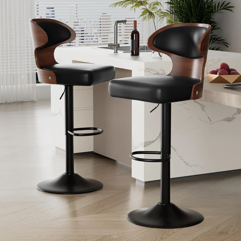 

Bar Stools Set of 2 Adjustable Height Swivel Bar Stools Faux Leather Upholstered Bentwood Barstools with Back & Footrest Bar