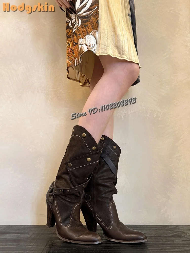 

Винтажные ковбойские сапоги в стиле вестерн с заклепками, сапоги до колена с острым носком и боковой молнией, женская обувь из натуральной кожи, новинка 2023 года