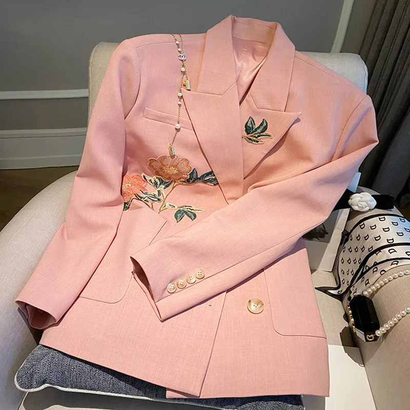 Woman Embroidery Flowers Blazer Pink Solid Double Breasted Notched Long Sleeve Pockets Loose Base Suit Coat s76