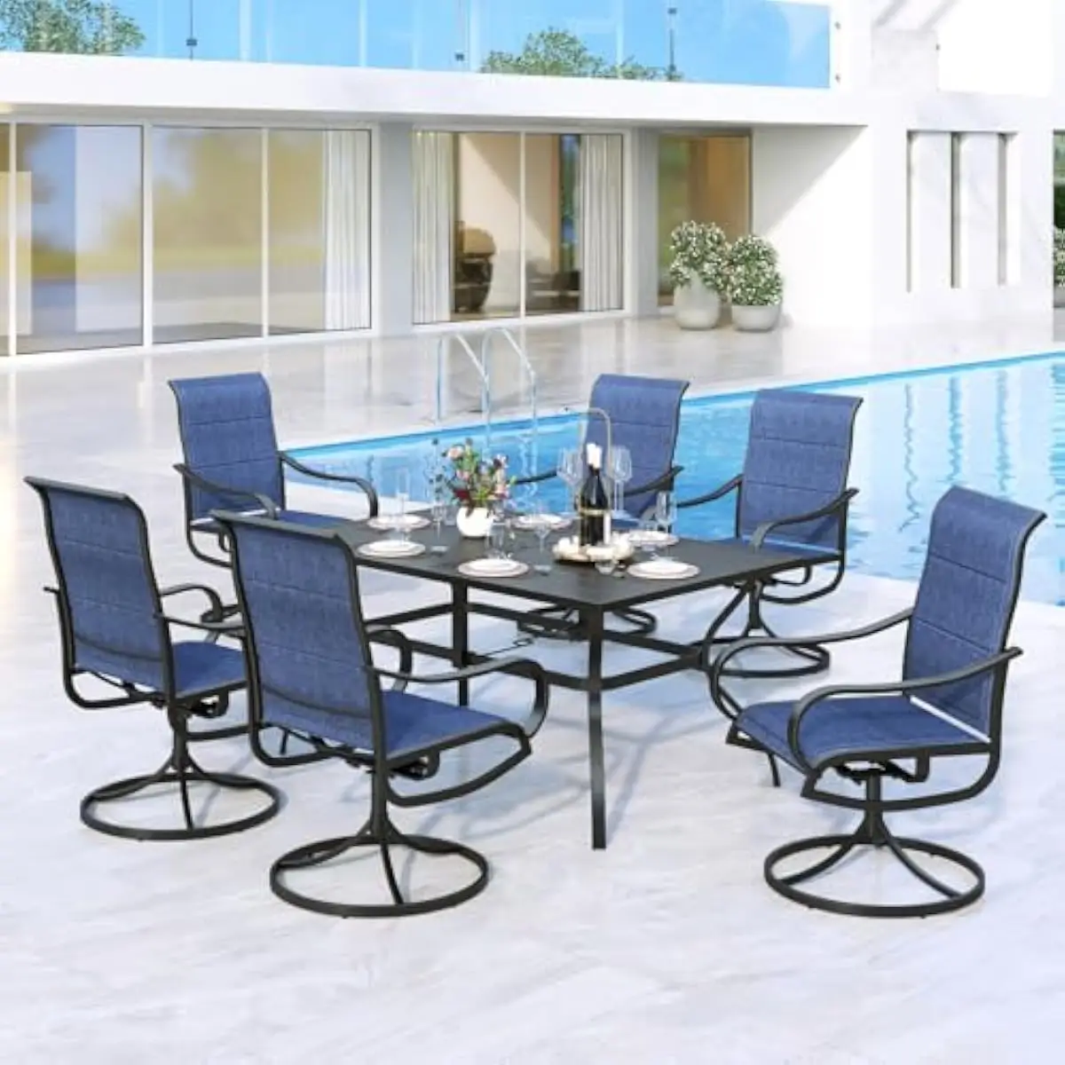 Outdoor dining set for 6 persons featuring rectangular powder-coated steel table with slatted top and umbrella hole plus six erg
