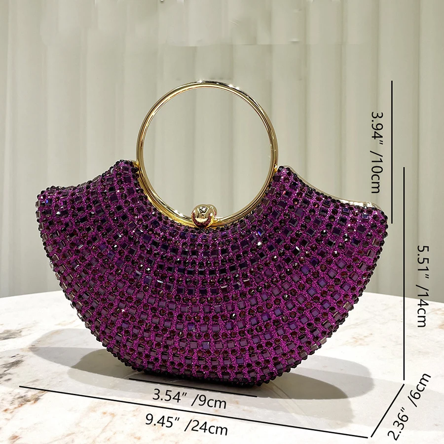 Purple shiny luxurious diamond ring handle handbag lady's evening bag for party dress wedding clutch purse chains shoulder bags view 6