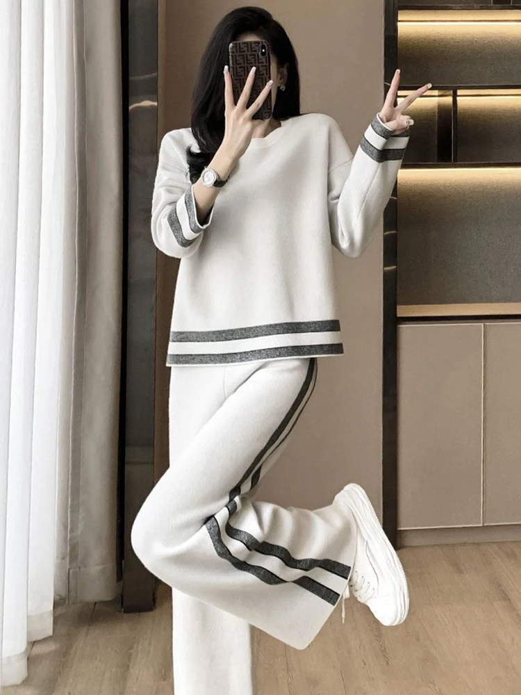 Loose Casual Striped Tracksuit Long Sleeved Sweatshirts Tops Conjunto High Elastic Waist Wide Leg Pants Suit Women Korean Sets