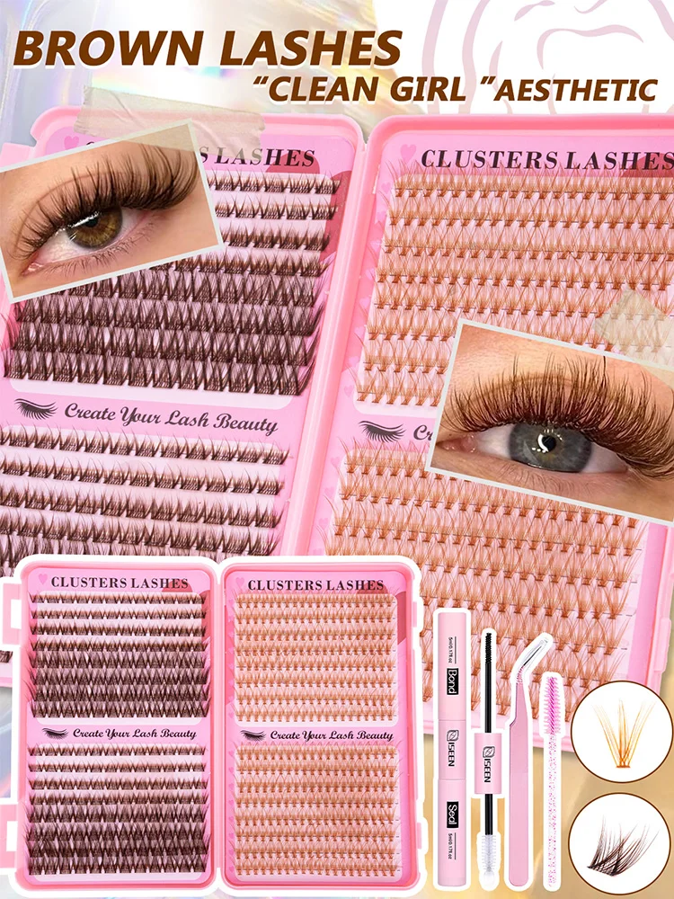Braune Wimpern DIY Einzelwimpernverlängerung Volumen-Wimpernbündel Clean Girl Styles Dünne Band-Wimpernbündel Natürlicher Look