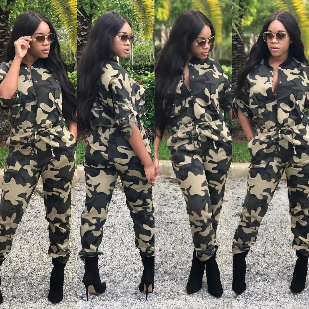 Camouflage Jumpsuit Women\'s Deep V Neck Long Sleeve Button Down One Piece Wide Leg Jumpsuit Romper