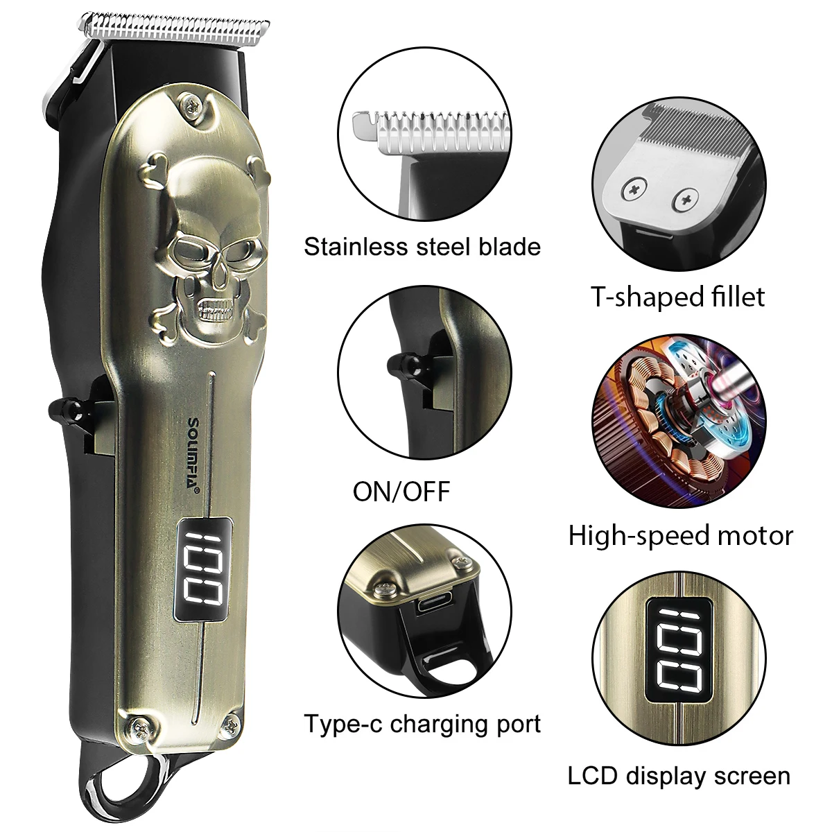 LCD Digital Display High-Power Men\'s Electric Hair Clippers Personalized Skull Hair Clippers Hair Salon Carving Retro Electric H