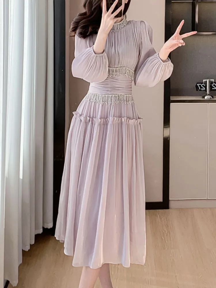 Fashion New Women Elegant Casual Midi Long Prom Dress Puff Sleeve A-Line Solid Vintage Party Birthday Clothes Female Robe Mujers