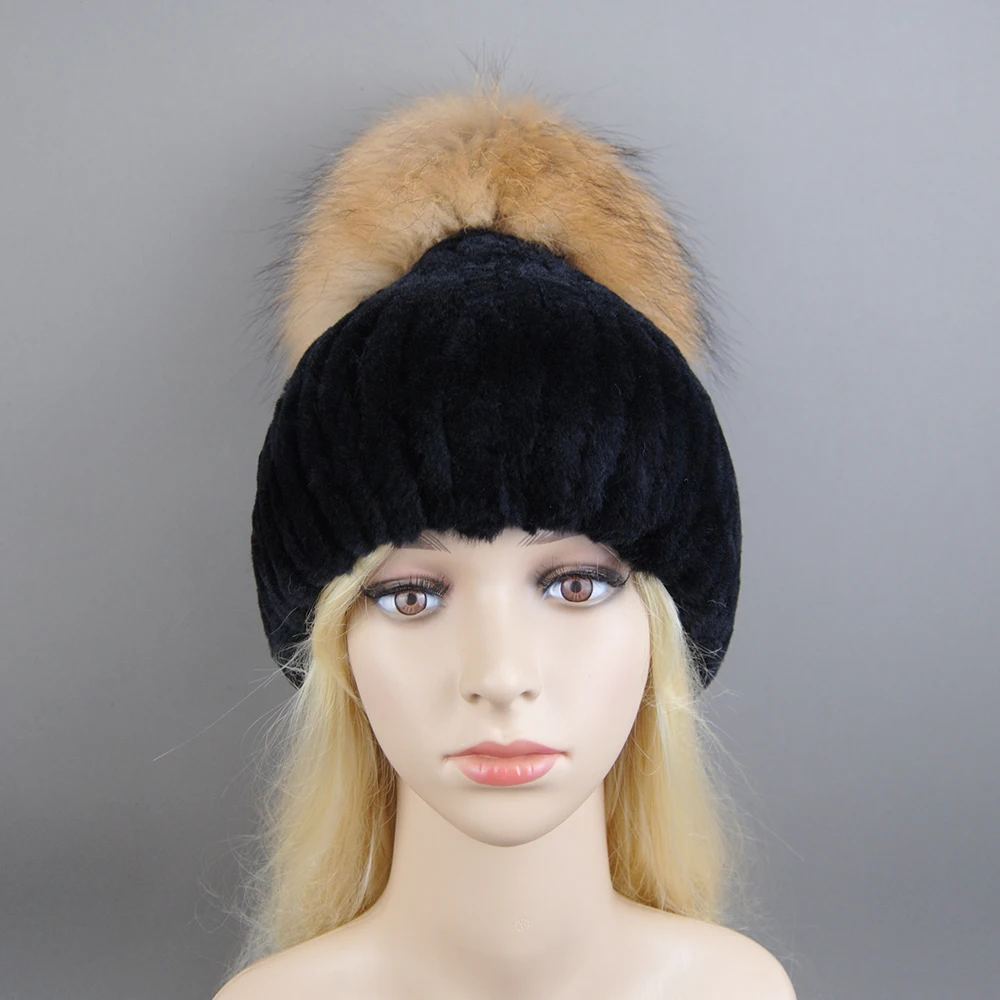 New Winter Warm Real Rex Rabbit Fur Hats Beanies 100% Natural Fur Caps Fashion Knitted Genuine Fur Hat With Raccoon Fur Ball