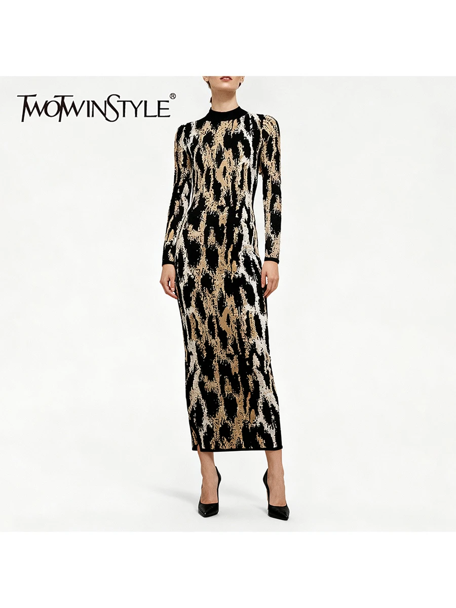 

TWOTWINSTYLE леопардовое утягивающее модное платье на молнии для женщин с круглым вырезом и длинными рукавами, темпераментное платье, женская одежда