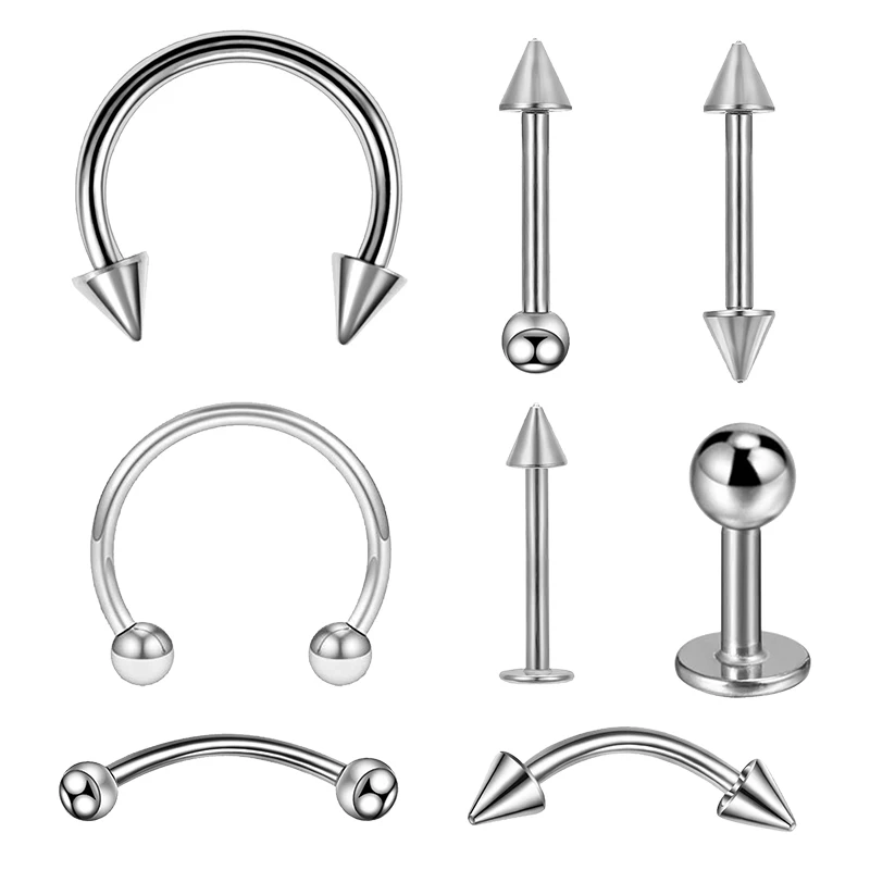 8PCS/Set Fashion Piercing Set Eyebrow Bar Lip Tongue Nose Pircing Stainless Steel Ear Studs Stainless Steel Mixed Body Jewelry