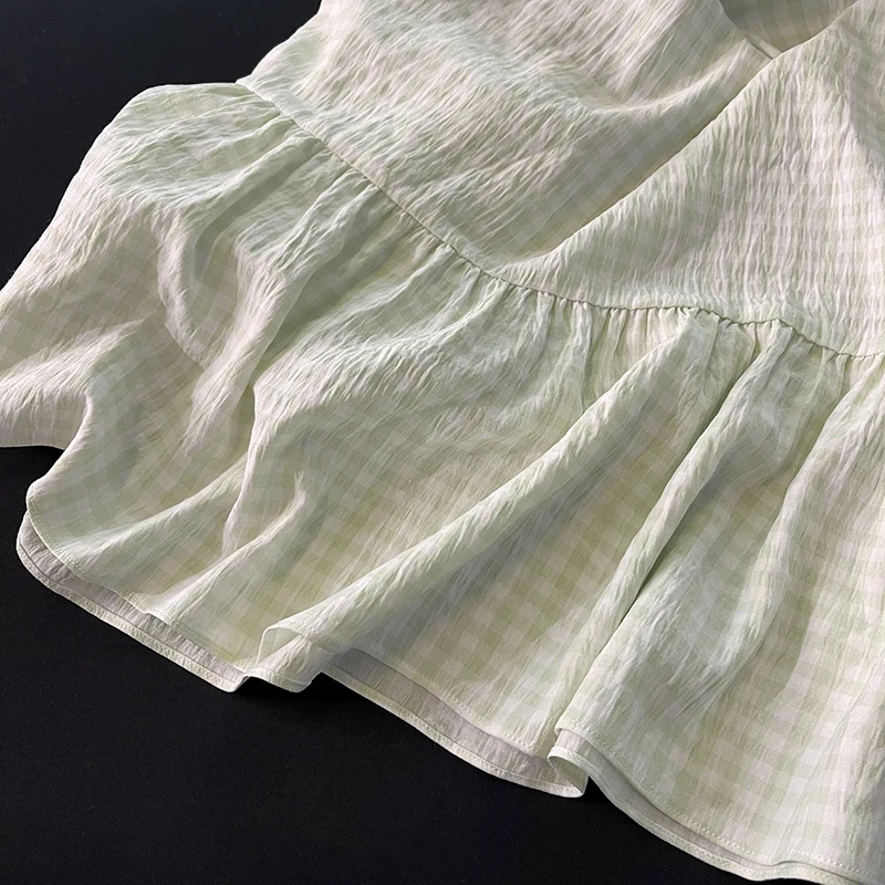 DAIMELU sleeveless pajamas pajamas women's summer new sweet bow pure cotton suspenders with chest pads green plaid nightgown