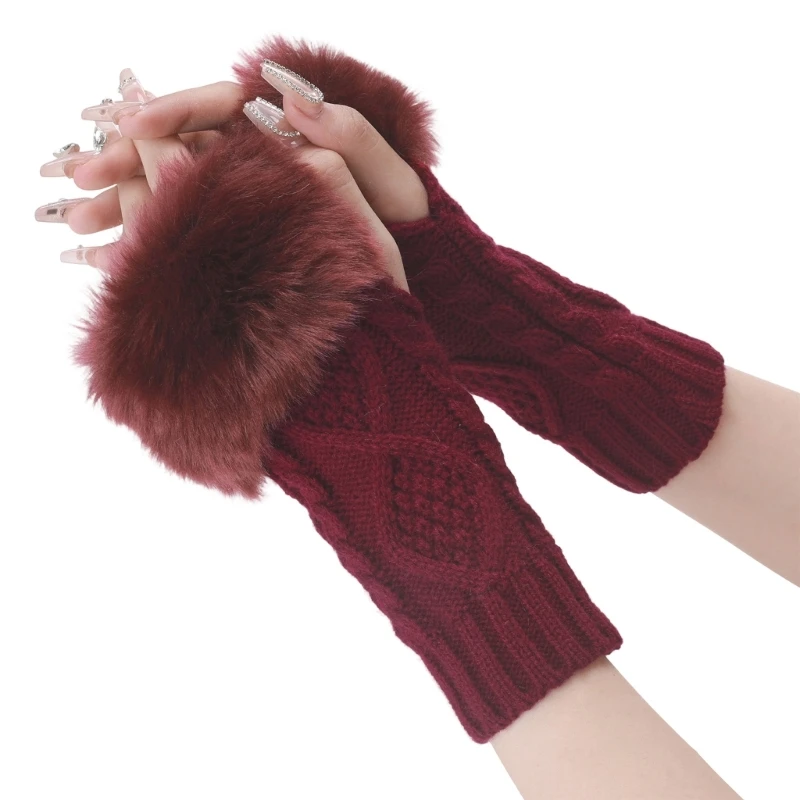 E56A Elegant Rhombic Knit Fingerless Arm Warmer Furry Plush Decorative Arm Sleeves
