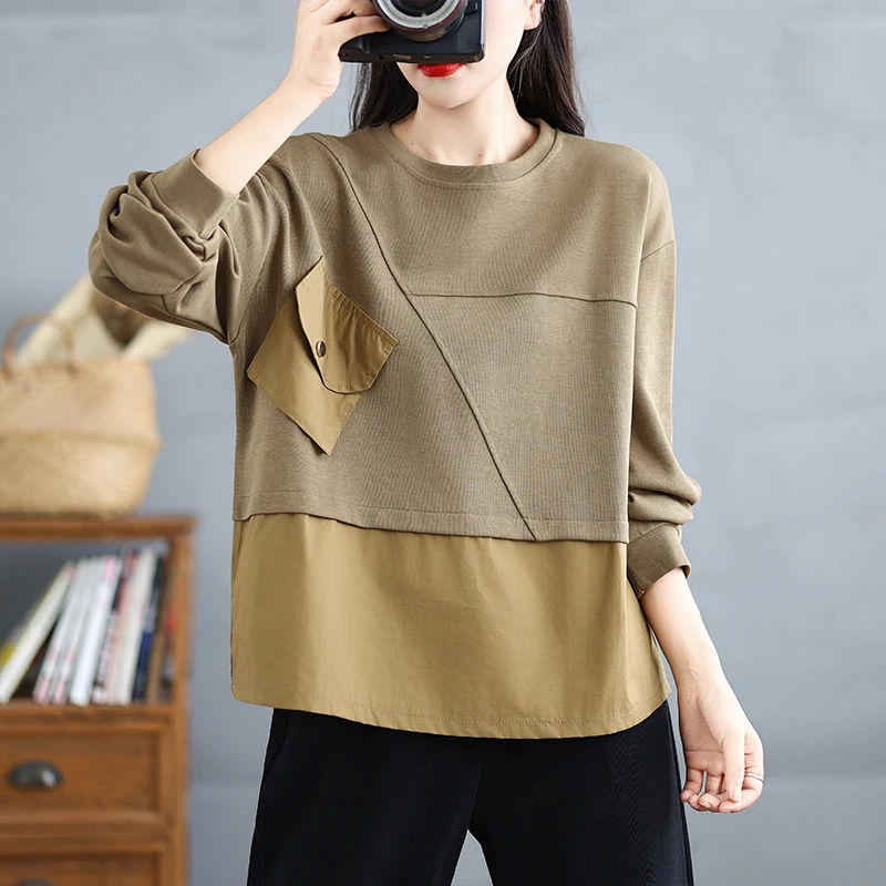 Faionable Allentato Casual irt Donna Inizio Autunno 2025 Nuovo Patchwork Colore Blo Felpa con Grandi kets Top da Donna