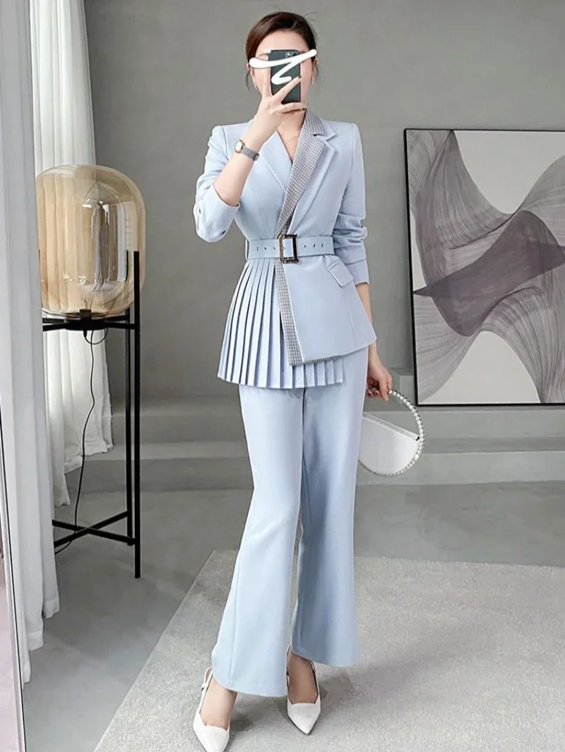 Ladies Trouser Wear To Work Professional Splicing Office Wide Leg Spring Autumn Women\'s Blazer and Pants Two Piece Set Suits D