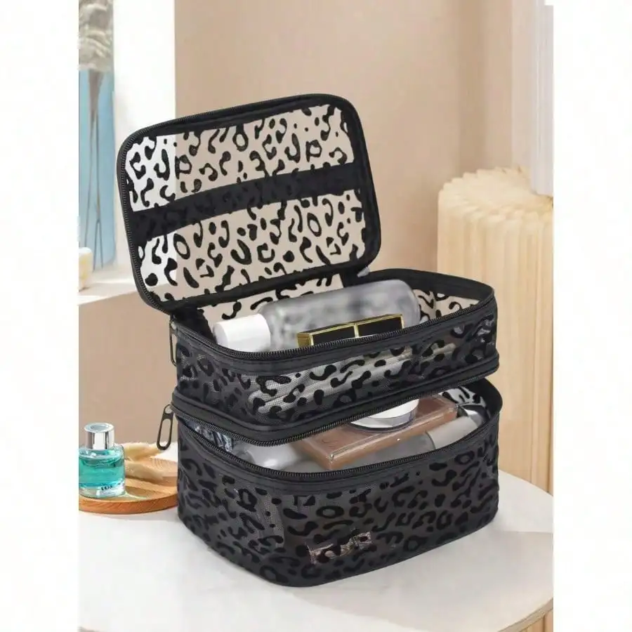 Borsa per cosmetici a doppio strato in rete nera con stampa leopardata da 1 pezzo, organizer portatile per trucco e articoli da toilette