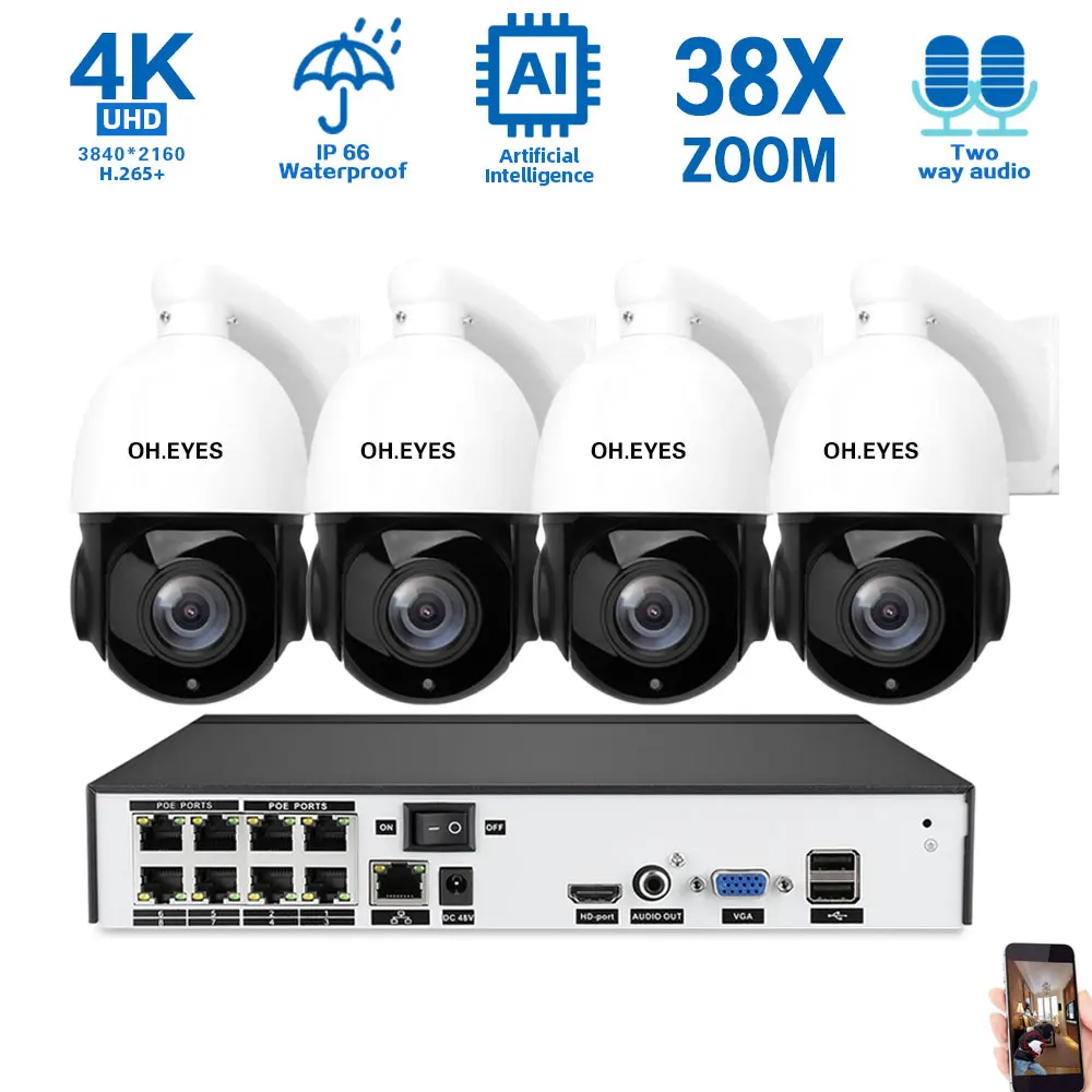 

Комплект камеры видеонаблюдения, 4K POE PTZ, 8 каналов, 8-мегапиксельная система POE NVR, зум 38x, двустороннее аудио, IP-камеры, комплект видеонаблюдения, 4 канала