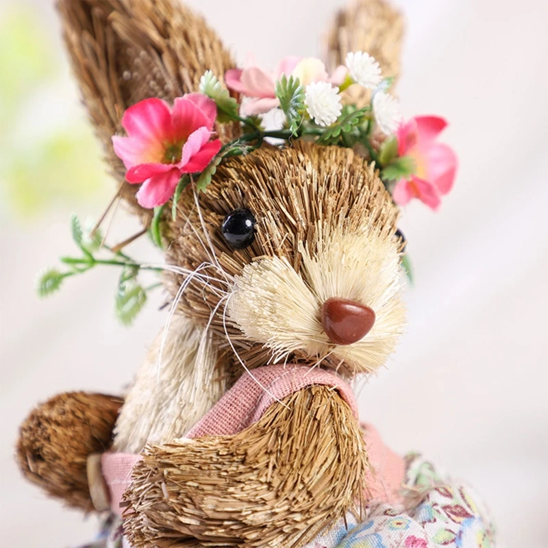 Easter Straw Rabbit Ornament for Creative Artificial Bunny for Doll with Flower Wreath Apron Standing Figurine Party