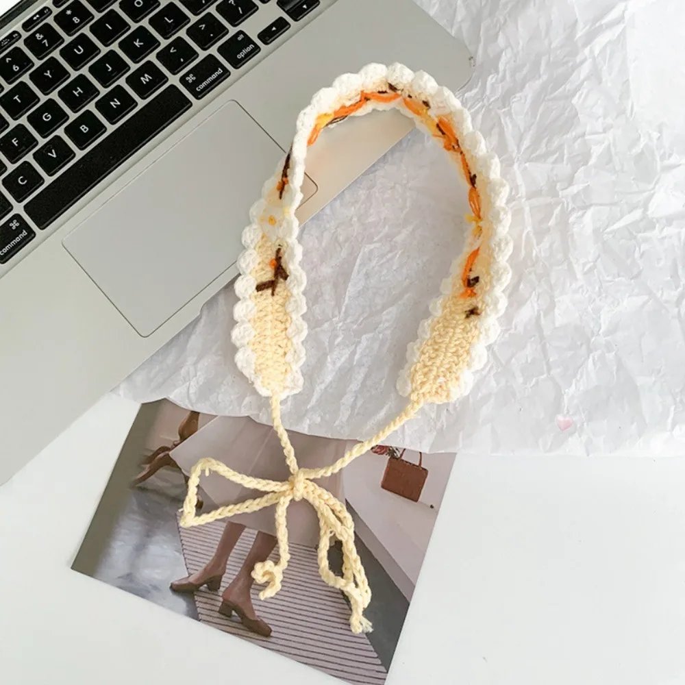 

Вязаная повязка на голову с вышивкой и цветком, шерстяная пряжа, милая вязанная крючком повязка для волос, мягкая тонкая повязка для волос в пасторальном стиле