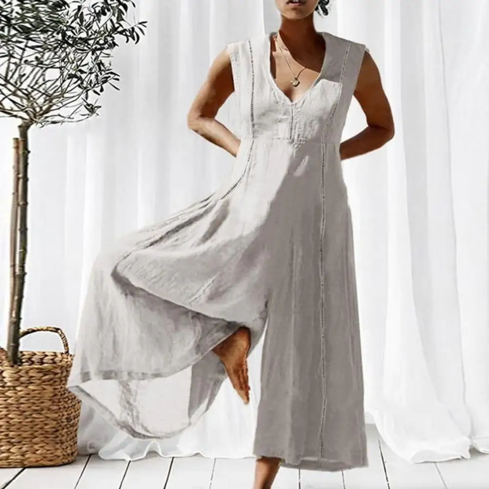 Women Jumpsuit Cotton And Linen Wide Leg V-neck Pure Color Lady Summer Jumpsuit Loose Low-cut Plus Size Female Jumpsuit Rompers