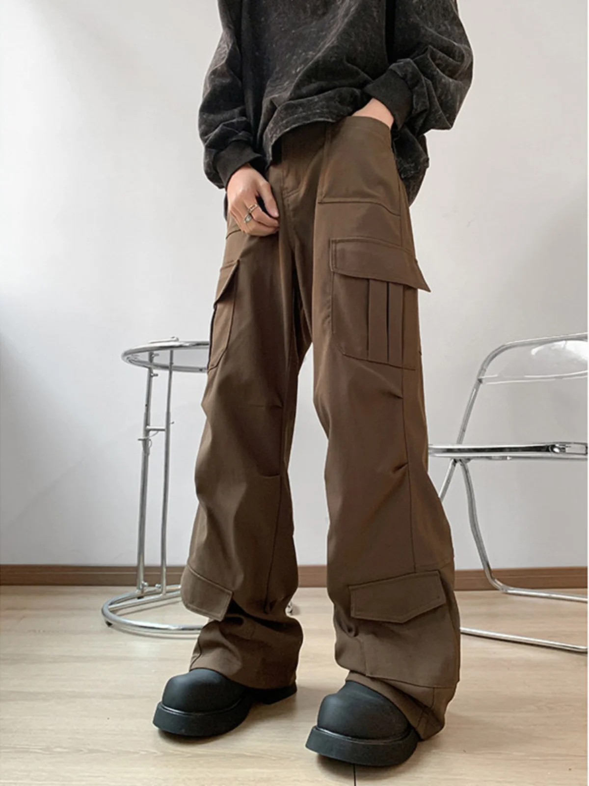 

Винтажные американские ретро-брюки коричневого цвета для мужчин, модные повседневные брюки от трендового бренда, длинные рабочие брюки со средней/низкой талией, прямые штанины