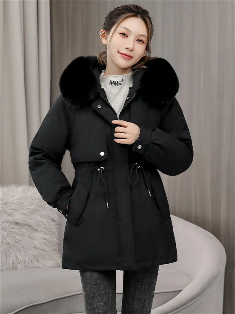 Womens Parkas 2023 Winter Down Cotton Coats Female Mid Long Thicke Warm Padded Cotton Coat Hooded Winter Jacket Female Outerwear