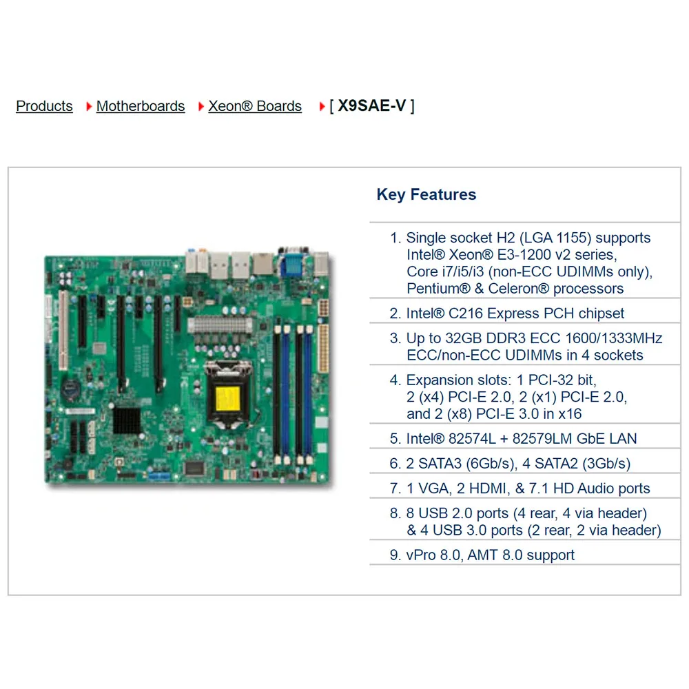 X9SAE-V Single Socket Server Motherboard LGA 1155 Intel C216 Xeon E3-1200 v2 Series Core i7/i5/i3 DDR3 PCI-E3.0