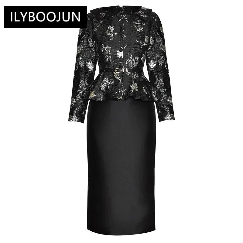 

Jacquard Pencil Dress Women Square Collar Long Sleeve Ruffle Elegant Party Slit Dresses For Women 2023 Luxury Brand High Quality