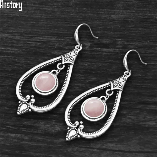 Round Pink Quartz Dangle Earrings For Women Tibetan Silver Natural Stone Lapis Lazuli Tiger Eye Fashion Pendant Earring