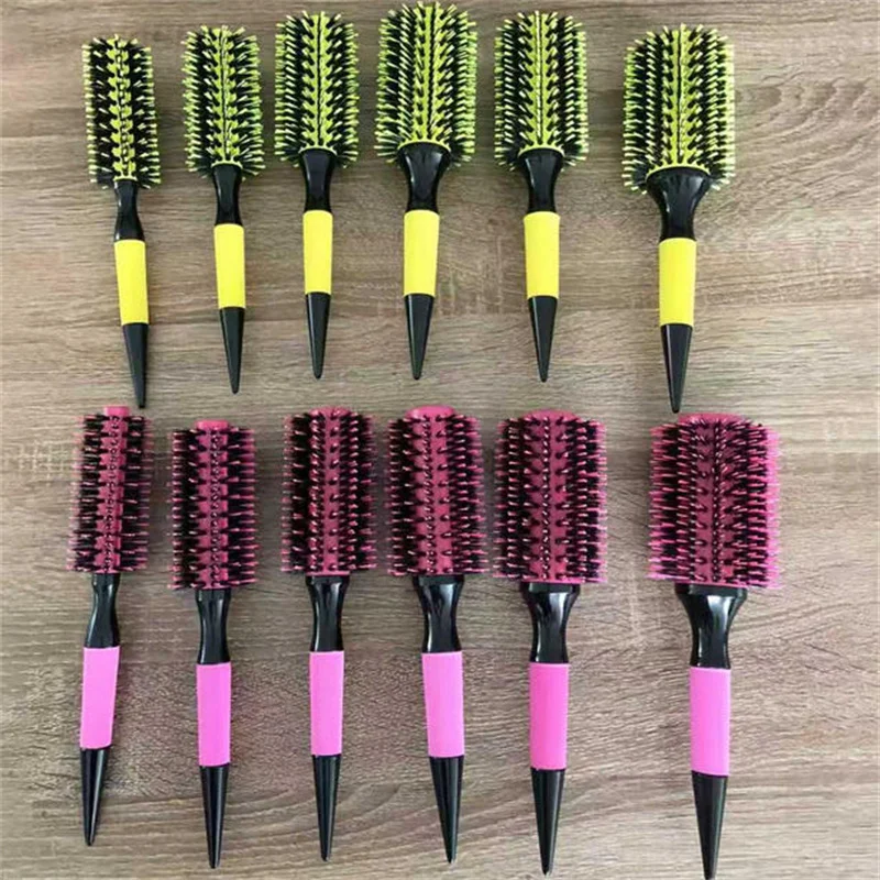 

6PCS Pink Wooden Round Hair Comb Set Nylon Boar Bristle Mix Professional Hairdrier Brush for Salon Styling Hairdressing Tools