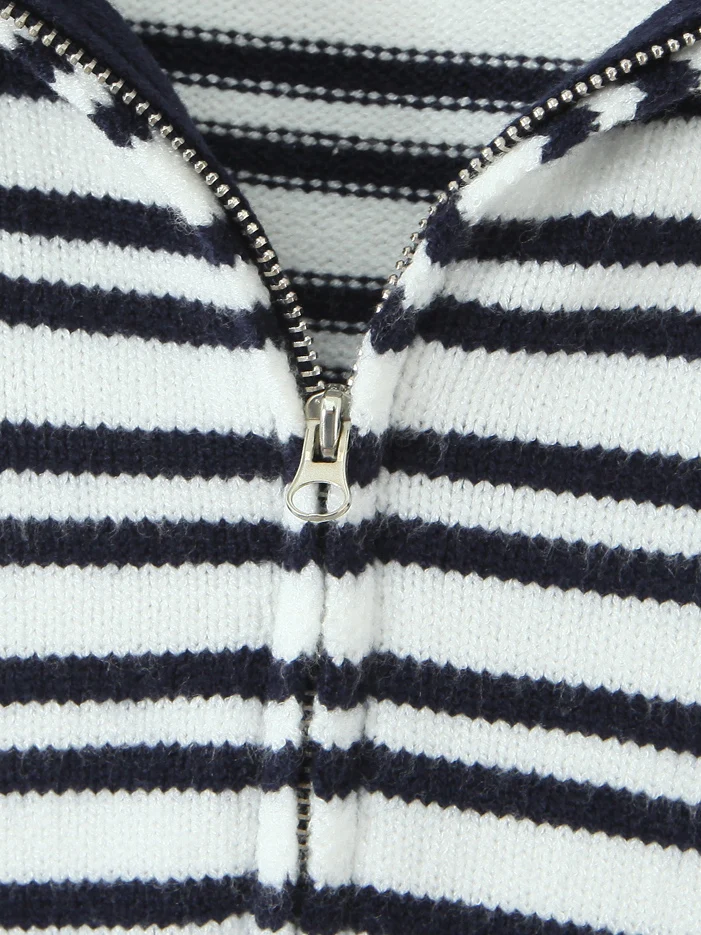 American Hot Girl Indigo White Stripes Knitted Casual Set High Waist Slim Fit Zipper Hooded Top Butt Covering Long Pants Trendy