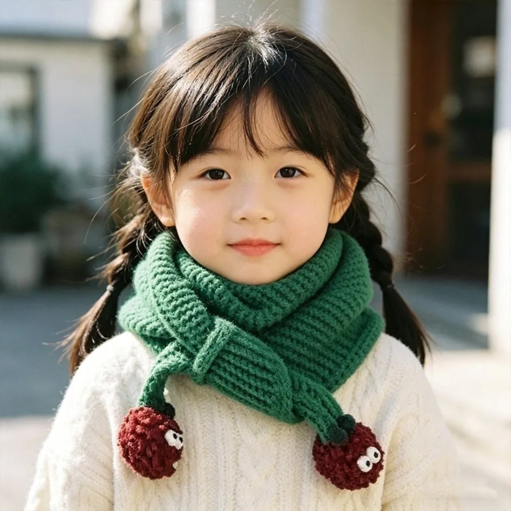 Cute Windproof Knitted Scarf Autumn Winter Keep Warm Fluffy Ball Neckerchief Soft Thick Knit Neck Cover for Boys Girls