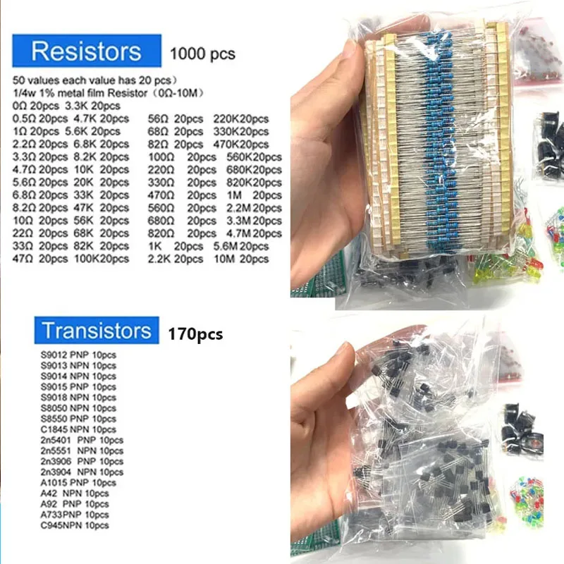 Electronic Components Kit Ultimate Edition Various Common Capacitors Resistors Capacitors T0-92 LED Transistors PCB Board DIP-IC