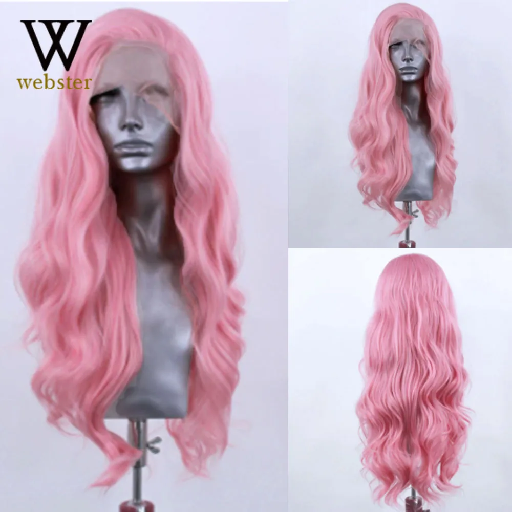 Wig renda depan sintetik Webster Wig renda rambut merah muda serat temperatur tinggi untuk wanita Wig bergelombang rambut panjang Cosplay tahan panas