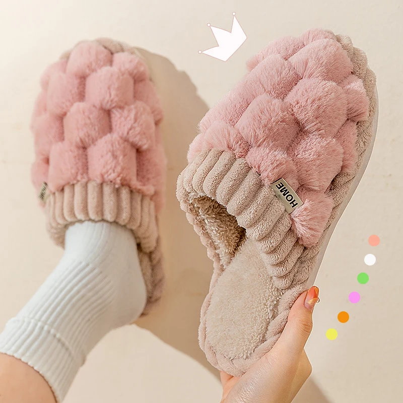 

Soft Fuzzy Home Cotton Slippers for Women Soft Sole Thick Plush Warm Fur Slippers Woman Flat Heel Casual House Shoes Couples