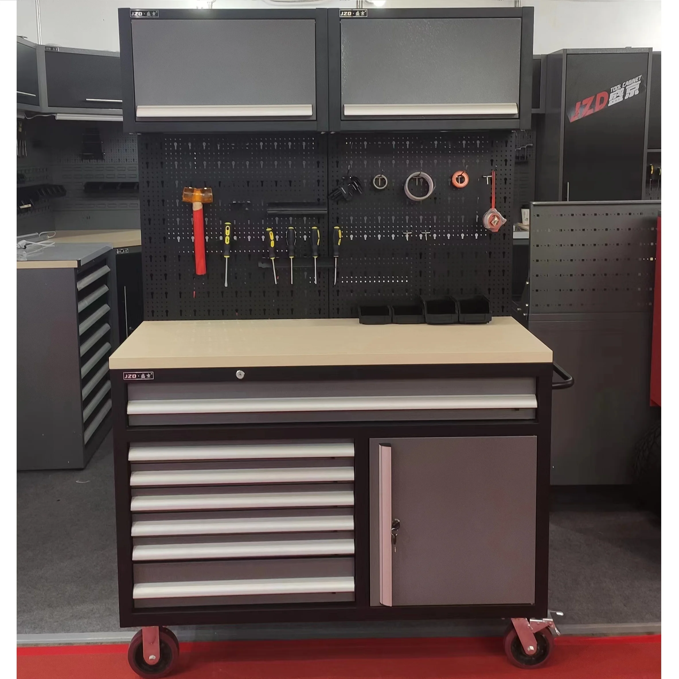 JZD Factory Car Tool Trolley Toolbox Trolley Rolling Tool Storage Cabinet with Drawers Mechanic Tool Chest with Pegboard