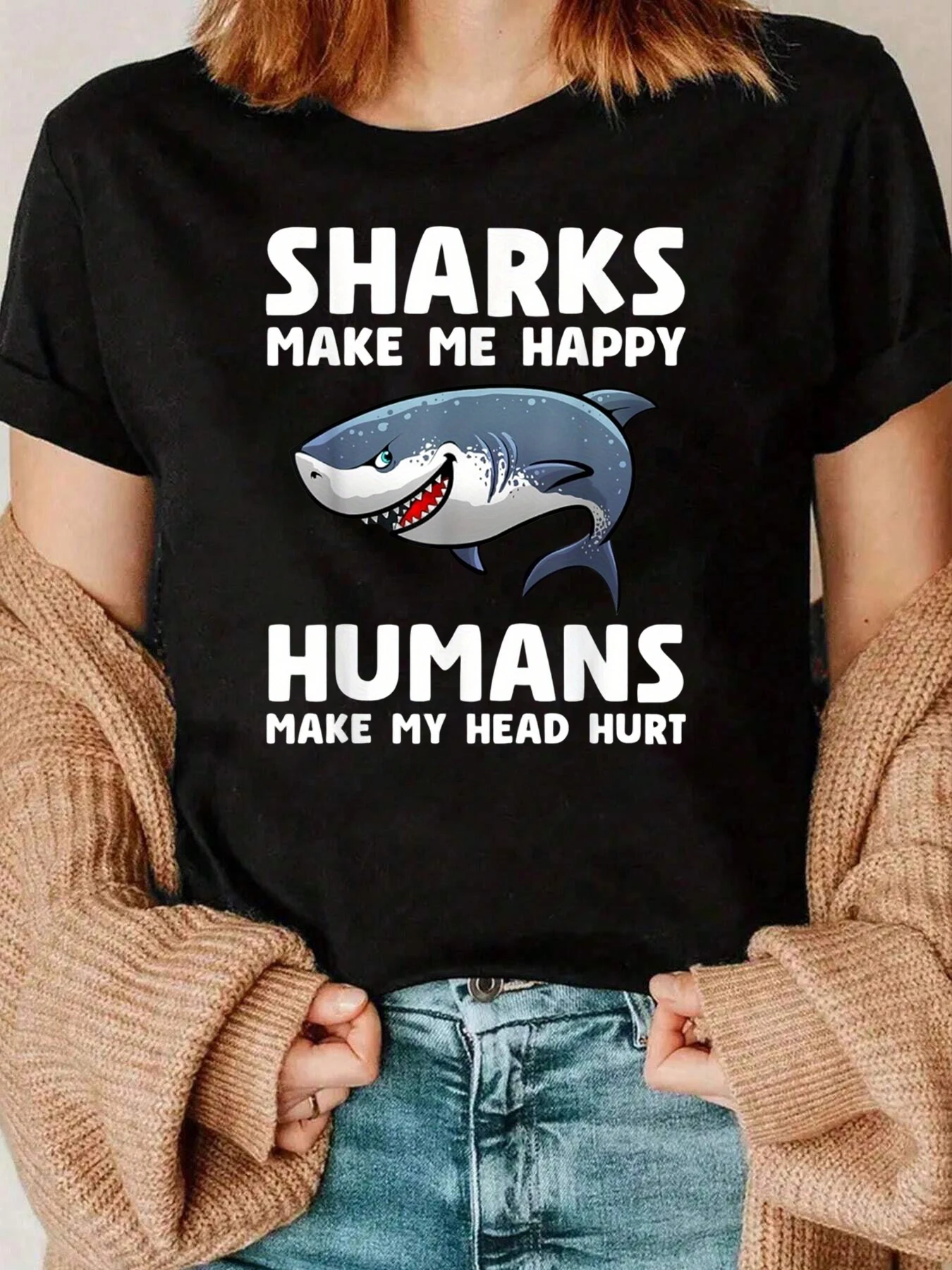 เสื้อยืดพิมพ์ลายฉลามและข้อความสำหรับผู้หญิง 220 กรัม