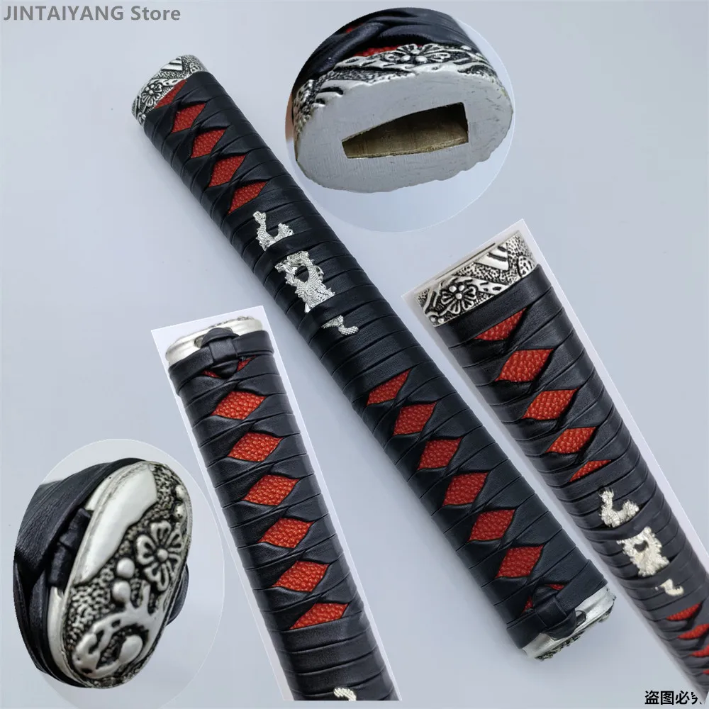 26CM Tsuka Black Leather Ito Red Imitated Rayskin Alloy Fuchi Menuki Kashira Fittings F Japanese Katana Sword Hilt Accessories