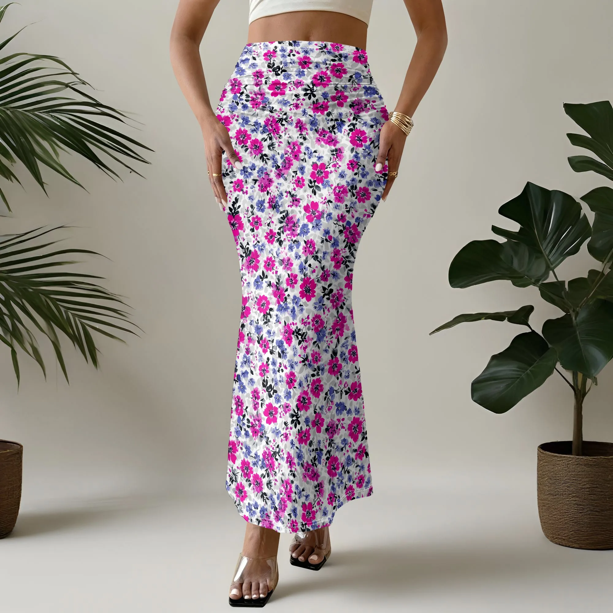 Floral Print Mermaid Skirt, Pink Purple Flower Pattern, High Waist Fitted Bottoms, Summer Beach Vacation Wear for Women, S-2XL