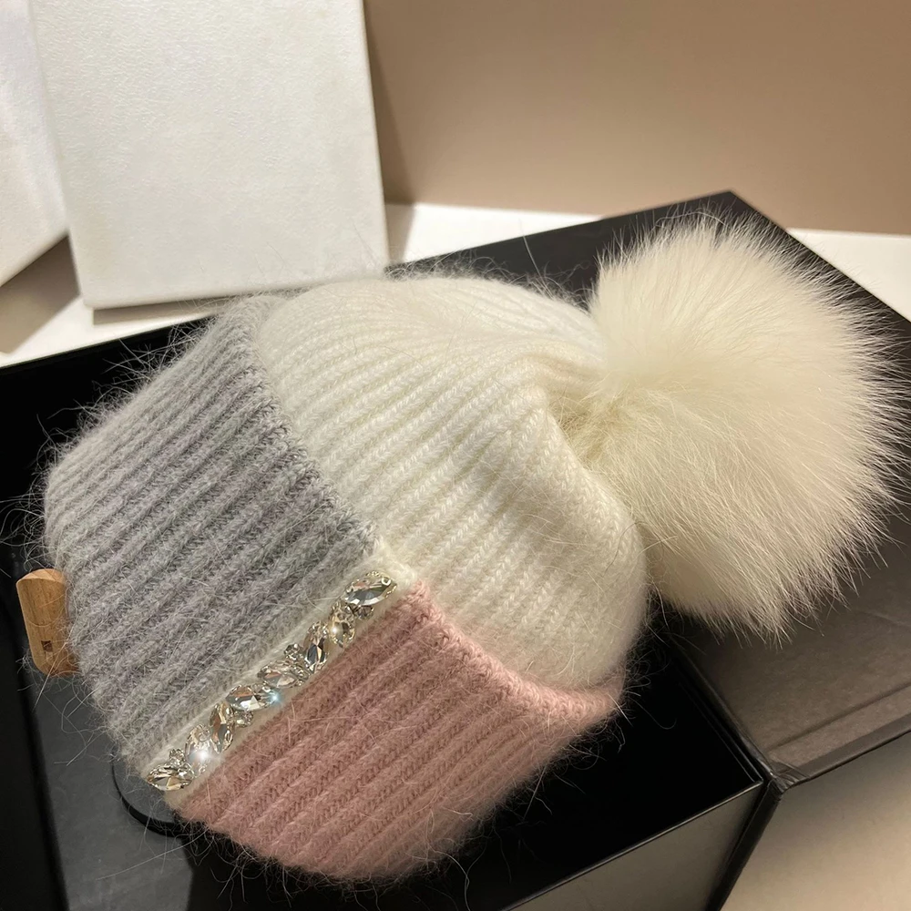 

Hat Pompom Women Winter Beanie Rhinestone Angora Knit Real Fur Warm Accessory For Autumn Cold Weather Sports Skiing Outdoor