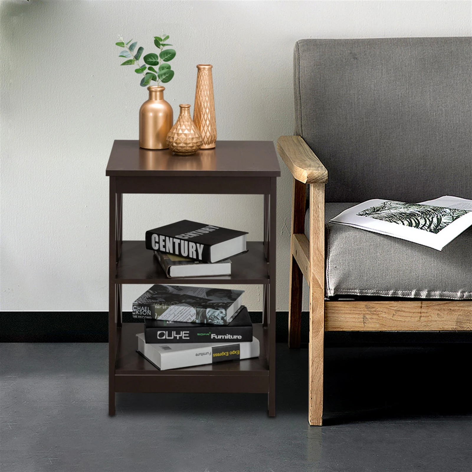 Three story retro small side table，Double Cross Edge Table，Living room coffee table, wooden bedside table，