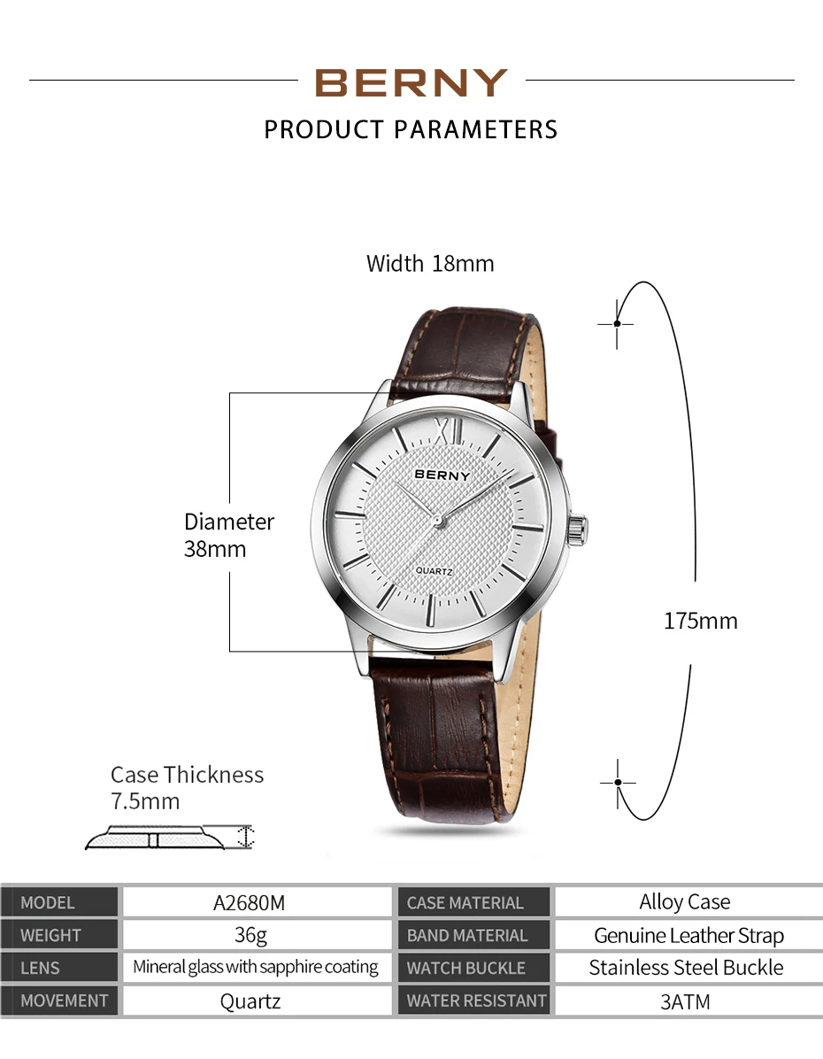 BERNY Uhren für Herren, schlanke, lässige, modische Quarz-Armbanduhren, Herrenuhr, klassisch, minimalistisch, wasserdicht – Detail 4