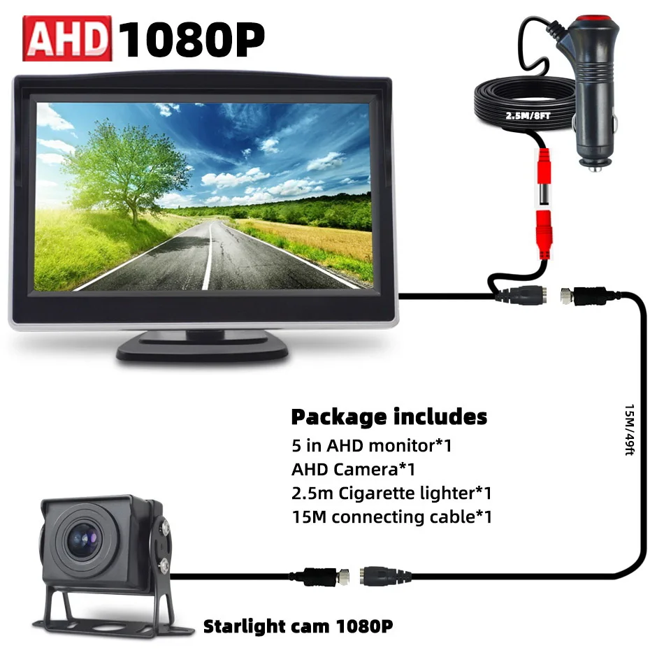 

AHD 1080P Backup Camera with Truck HD 5" Display Reverse Image Monitor 24V Rear Side View Cam Night Vision for Lorry