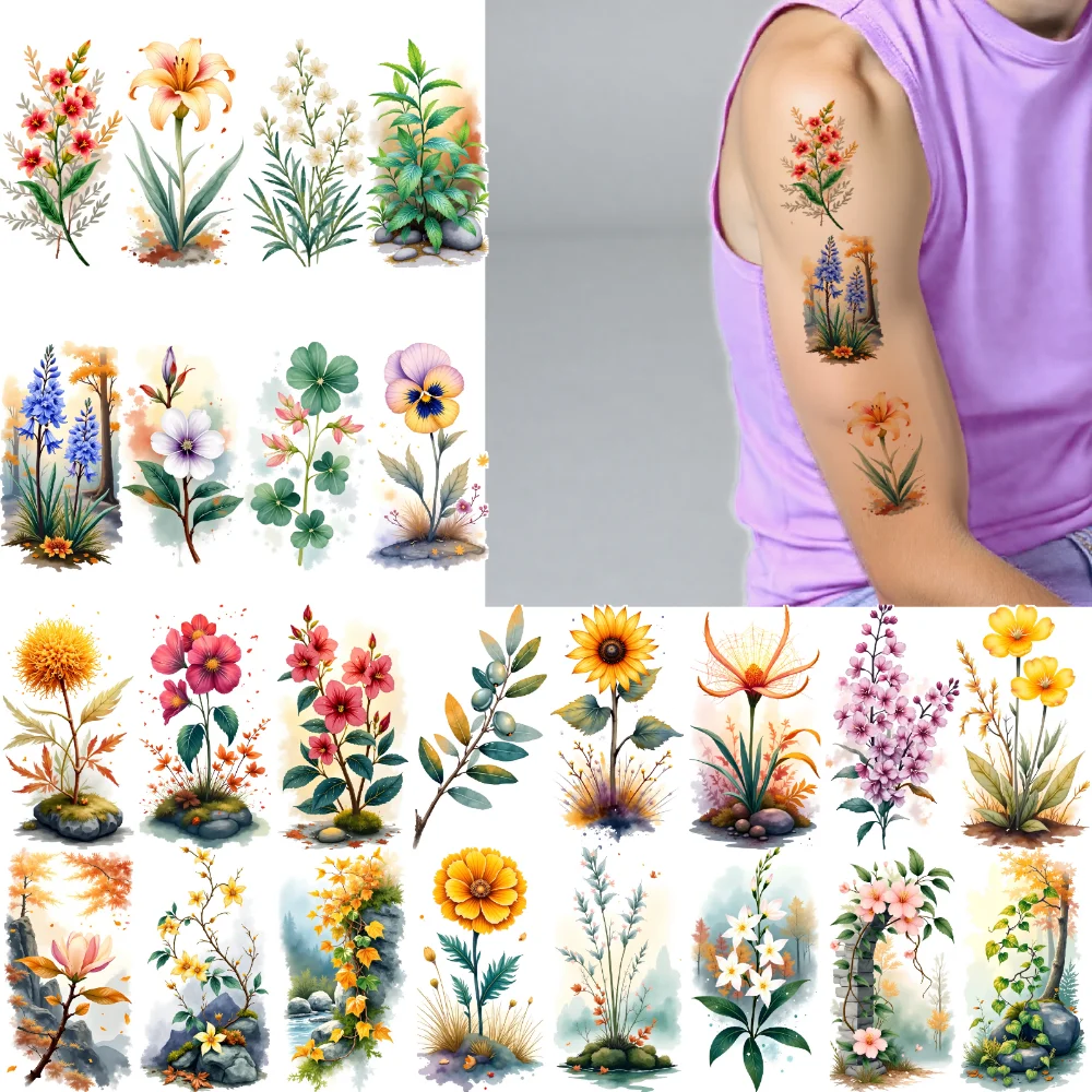 

9 шт. временные татуировки с цветочным узором временные татуировки наклейки природа искусство акварель для детей руки плечи