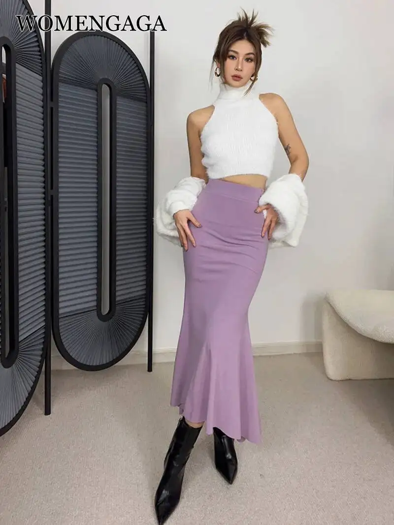 WOMENGAGA Fishtail Skirt Women Autumn High Waist A-line Slim Long Skirt Purple Sexy Women's Clothing Office Lady Korean O2P3