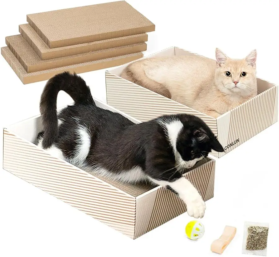 

Cat Scratcher Box with 4 Scratching Pads&2 Separate Cardboard Boxes,2-in-1 Cardboard Cat Scratch for Multiple Kitten Interactive