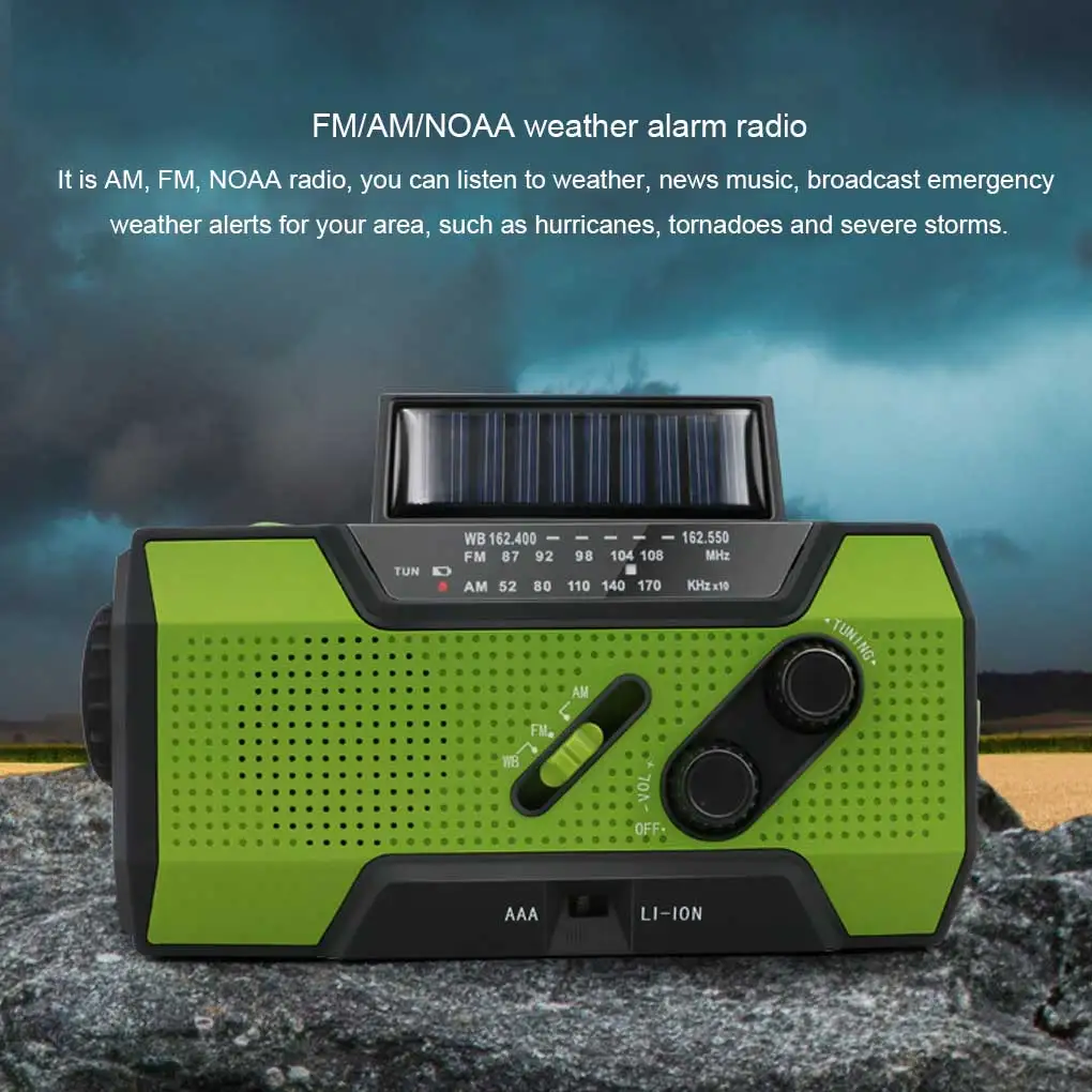 Portable Solar Powered Emergency Radio with Flashlight Traveling Survival Hand Crank Power Bank Radios Receiver  Green