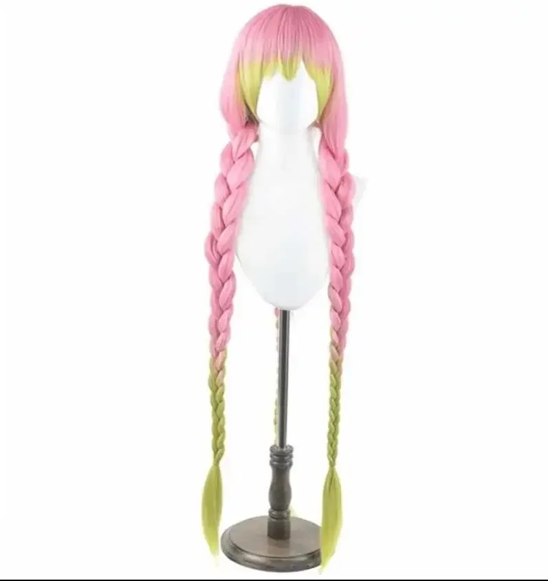 Anime kanroji mitsuri kimetsu no yaiba cosplay perücken rosa grün gradient synthetisches hitze beständiges haar