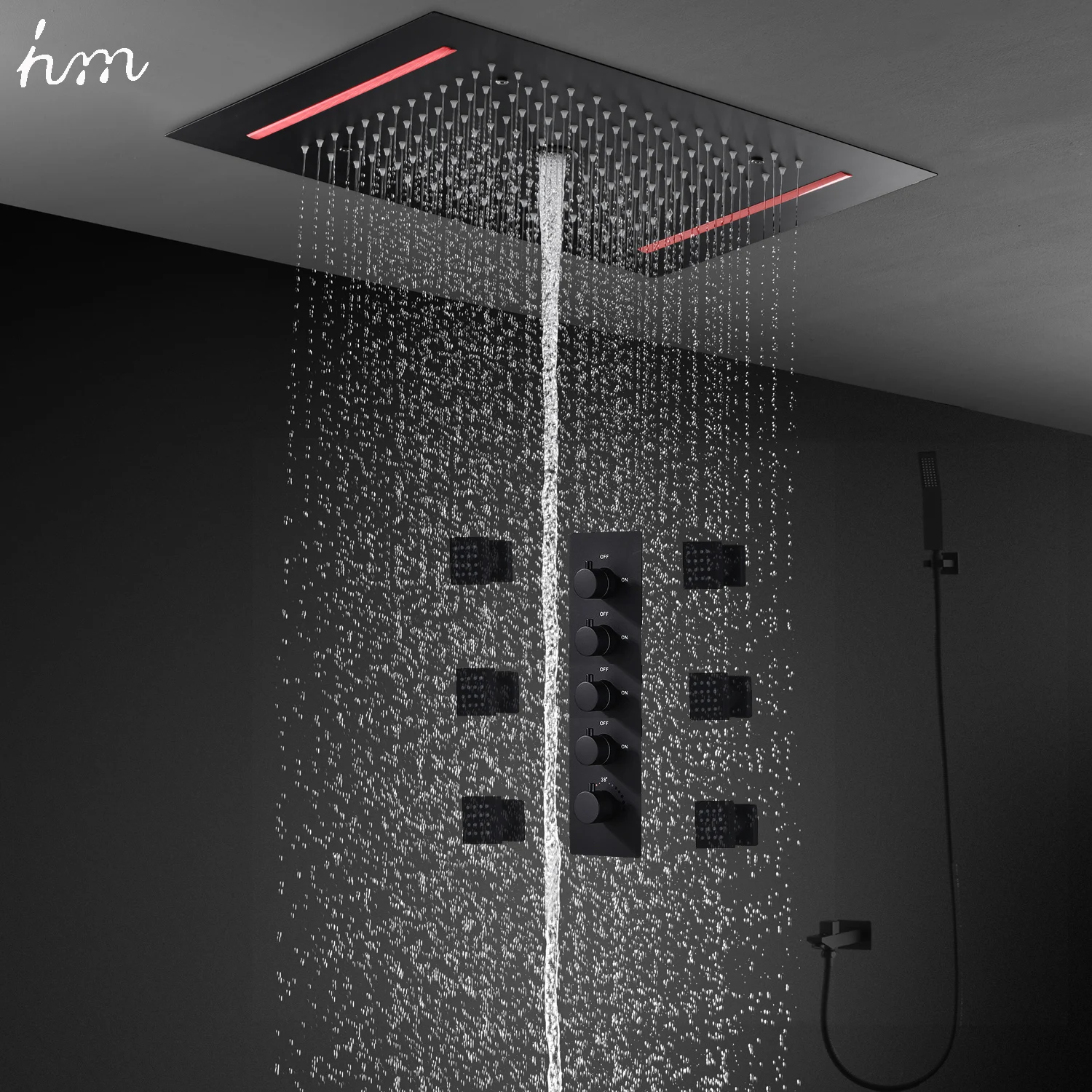 

hm Bathroom Ceiling LED Shower System Set 20X14Inch Column Rainfall Shower Head Panel Thermostatic Mixer Black Faucets Side Jets