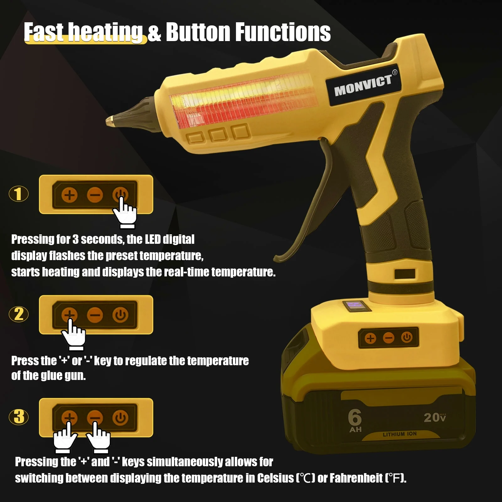 Cordless Glue Gun for Dewalt 20V Battery, Upgraded 100W Digital Temperature Adjustable Full Size Heavy Duty with 10 Glue Sticks