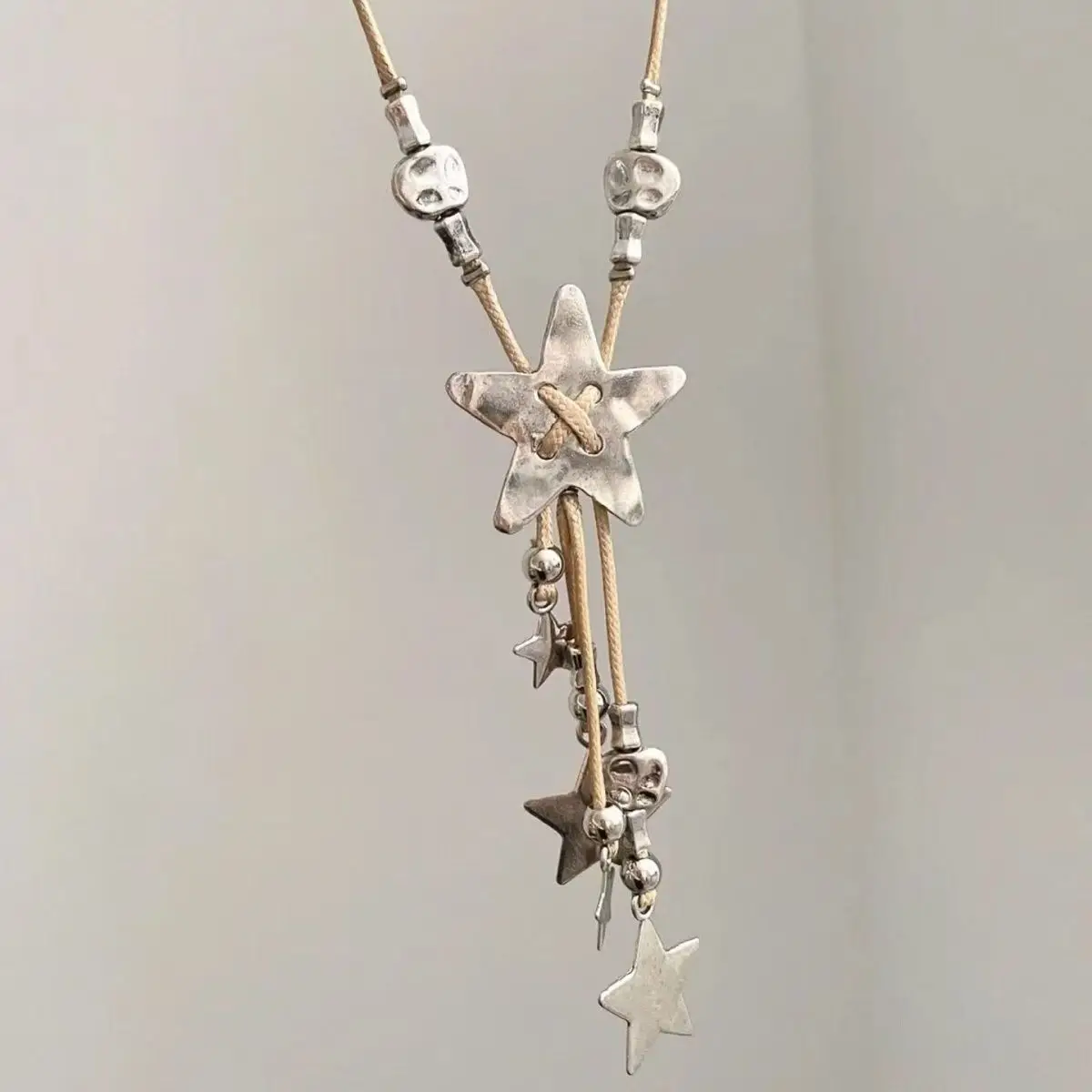 Industrial Retro Aged Braided Rope Star Tassel Necklace Pendant Sweater Chain Goth Stainless Steel Jewelry Five-pointed Star Fr